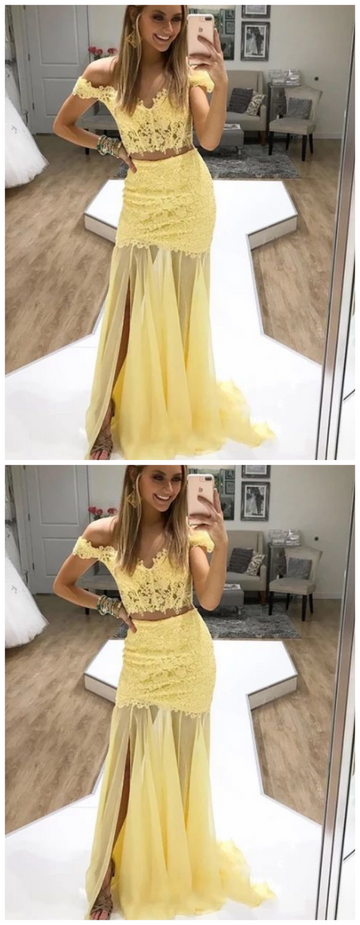 Yellow lace two pieces long prom dress, evening dress HZ1023